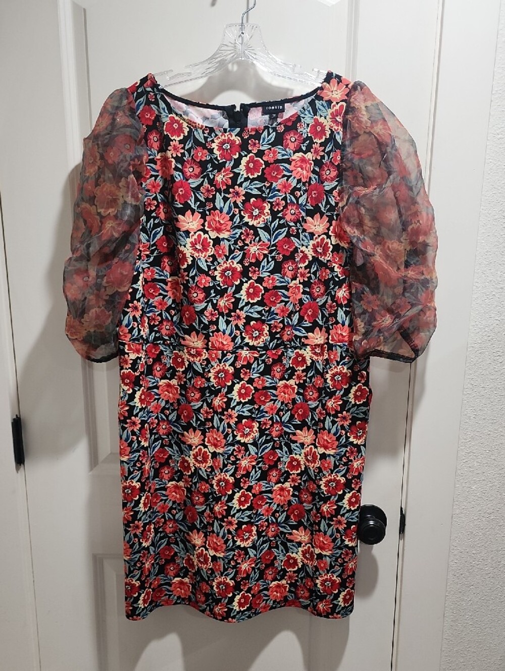 Torrid Mini Scuba Crepe Organza High Neck Puff Sleeve Dress Multi 18 W/pockets
